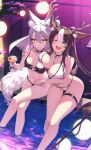  2girls ;d animal_ear_fluff animal_ears antlers aqua_eyes arm_around_shoulder bare_shoulders bikini black_bikini black_choker breast_press breasts brown_hair cherry choker cleavage cluseller collarbone crossed_legs cup deer_antlers deer_ears deer_girl deer_tail food fox_ears fox_girl fox_tail fruit grey_hair highres holding holding_cup hug long_hair looking_at_another looking_at_viewer looking_to_the_side multicolored_hair multiple_girls navel o-ring o-ring_bikini one_eye_closed open_mouth original parted_lips photoshop_(medium) ponytail sitting skindentation smile soaking_feet sparkle swimsuit tail thigh_gap thigh_strap two-tone_hair unaligned_breasts very_long_hair water white_bikini white_hair yellow_eyes 