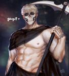  1boy abs ancient_greek_clothes artist_name bara black_cape blonde_hair call_of_duty call_of_duty:_modern_warfare_2 cape ghost_(modern_warfare_2) highres holding holding_scythe holding_weapon large_pectorals looking_at_viewer male_focus mask muscular muscular_male navel nipples peach_skyies pectorals scythe short_hair skull_mask solo weapon 
