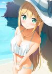  1girl apollo_(hu_maple) beach bikini blonde_hair blush bow breasts covering covering_crotch day green_eyes hat hat_bow highres jewelry large_breasts long_hair necklace o-ring o-ring_bikini o-ring_bottom original outdoors ring_necklace rock sidelocks smile solo swimsuit white_bikini white_swimsuit 