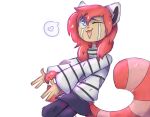  ailurid ailurid_humanoid animal_humanoid anthro blue_eyes bottomwear clothing female hair humanoid jessijellycake looking_at_viewer mammal mammal_humanoid open_mouth red_hair red_panda_humanoid simple_background skirt solo sweater tail topwear white_background 