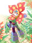  1boy arm_cannon blue_eyes commentary_request day flower full_body highres kinusaya_endow looking_back male_focus mega_man_(classic) mega_man_(series) mega_man_6 no_humans plant plant_man robot smile solo weapon 