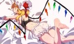  1girl absurdres ass back bare_legs bare_shoulders barefoot bed_sheet black_shirt blonde_hair blush bow breasts commentary_request crop_top crystal eyelashes feet flandre_scarlet foot_out_of_frame foot_up foreshortening frilled_shorts frills from_above hair_between_eyes hat hat_bow hat_ribbon highres legs long_hair looking_at_viewer lying morinosuke object_hug on_stomach pillow pillow_hug red_bow red_eyes red_ribbon ribbon shadow shirt short_shorts shorts signature small_breasts soles solo toenails toes touhou white_headwear white_shorts wings 