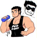  1boy bara beard_stubble black_hair black_tank_top bottle clothes_writing cropped_torso grin huge_eyebrows large_pectorals looking_at_viewer lucas_lee male_focus muscular muscular_male official_style pectoral_cleavage pectorals purah_pad_(artist) raised_eyebrow scott_pilgrim_takes_off shirt short_hair short_sleeves sidepec smile sunglasses sweat t-shirt tank_top tight_clothes tight_shirt water_bottle 