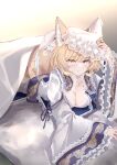  1girl animal_ear_fluff animal_ears blonde_hair blush breasts cleavage closed_mouth collarbone dress fox_ears fox_tail frilled_sleeves frills hat highres large_breasts long_sleeves lying mob_cap on_stomach sarasadou_dan short_hair slit_pupils solo tail touhou white_dress white_headwear wide_sleeves yakumo_ran yellow_eyes 