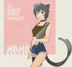  1girl all_saints_street animal_ears black_bracelet black_camisole black_choker black_hair blue_shorts bottle camisole cat_ears cat_girl character_name choker cowboy_shot fang grey_eyes holding holding_bottle kusano_gurima looking_at_viewer midriff momo_(all_saints_street) multiple_tails open_mouth short_hair shorts smile solo tail 