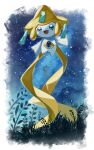  :d absurdres ame_akira commentary_request full_body green_eyes happy highres jirachi night no_humans open_mouth outdoors pokemon pokemon_(creature) sky smile solo sparkle watermark 