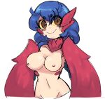  1girl blue_hair blush_stickers breasts brown_eyes colored_sclera commentary doce feathered_wings feathers hair_between_eyes harpy_(terraria) large_breasts long_hair navel neck_fur nude red_feathers simple_background smile solo terraria white_background winged_arms wings yellow_sclera 