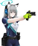  1girl aiming animal_ear_fluff animal_ears belt biker_clothes bikesuit blue_archive blue_eyes bodysuit breasts cleavage closed_mouth commentary_request ear_protection fte_(fifteen_199) glock gloves green_gloves grey_hair gun hair_between_eyes hair_ornament halo handgun highres holding holding_gun holding_weapon holster looking_away magazine_(weapon) medium_breasts medium_hair official_alternate_costume shiroko_(blue_archive) shiroko_(cycling)_(blue_archive) short_sleeves sidelocks simple_background solo standing weapon white_background wolf_ears wolf_girl 