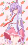  1girl =3 animal_ears arm_behind_back bare_legs carrot_background carrot_pin covered_nipples feet_out_of_frame finger_gun hair_between_eyes hand_up highres long_hair midriff_peek navel necktie outline pink_eyes pink_skirt puffy_short_sleeves puffy_sleeves purple_hair rabbit_ears red_necktie reisen_udongein_inaba shirt short_sleeves skirt solo touhou usaka_ray very_long_hair white_outline white_shirt 