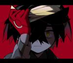  1boy black_hair closed_mouth gloves hair_between_eyes ieiieiiei kieran_(pokemon) letterboxed long_sleeves looking_at_viewer male_focus mole mole_on_neck multicolored_hair pokemon pokemon_(game) pokemon_sv portrait red_background red_gloves red_hair simple_background solo 