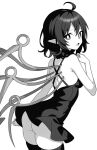  1girl ahoge ass asymmetrical_wings breasts bright_pupils commentary dress greyscale houjuu_nue looking_at_viewer monochrome onkn_sxkn open_mouth pointy_ears short_hair solo thighhighs touhou wings 