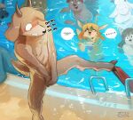  absurd_res anthro antlers bikini blonde_hair blush bovid brown_body brown_fur canid canine canis caprine clothing covering covering_crotch deer dialogue domestic_dog embarrassed female fur group hair hi_res hooves horn male mammal new_world_deer public public_exposure public_pool reindeer speech_bubble swimming_pool swimming_trunks swimming_trunks_down swimwear the-minuscule-task wardrobe_malfunction water wet 
