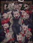  1boy 6+girls absurdres angel animal_ears azazel_(helltaker) black_hair black_horns black_suit cerberus_(helltaker) cup demon demon_girl demon_horns demon_tail formal gloves half-closed_eyes halo hands_on_another&#039;s_face heart heart-shaped_pupils helltaker helltaker_(character) highres holding holding_cup horns judgement_(helltaker) justice_(helltaker) looking_at_another looking_up lucifer_(helltaker) malina_(helltaker) modeus_(helltaker) mole mole_under_eye multiple_girls noah_(tettsui-sole) office_lady pandemonica_(helltaker) red_eyes red_gloves red_shirt round_eyewear shirt smile smoking suit sunglasses symbol-shaped_pupils tail white_gloves white_hair white_suit zdrada_(helltaker) 