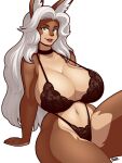  2023 anthro arm_support big_breasts blazbaros blue_eyes bra breasts brown_body brown_fur choker cleavage clothed clothing collarbone eyebrows eyelashes female fur hair hi_res huge_breasts inner_ear_fluff jewelry lagomorph leporid long_ears long_hair looking_at_viewer mammal navel necklace panties rabbit sitting solo tan_body tan_fur thick_thighs tuft underwear white_hair wide_hips 