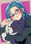  1girl absurdres black_jacket blue_hair blush border danganronpa_(series) danganronpa_v3:_killing_harmony glasses grey_border grey_eyes highres holding holding_stuffed_toy jacket long_hair looking_at_viewer monokuma pink_background round_eyewear shirogane_tsumugi stuffed_animal stuffed_toy teddy_bear v youko-shima 