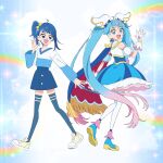  2girls absurdres ahoge blue_cape blue_eyes blue_skirt blue_thighhighs bow cape cure_sky detached_sleeves dual_persona earrings full_body gradient_hair hair_bow highres hirogaru_sky!_precure jewelry long_hair long_sleeves magical_girl multicolored_hair multiple_girls official_art open_mouth pink_hair precure puffy_detached_sleeves puffy_sleeves side_ponytail single_earring single_sidelock skirt smile sora_harewataru thighhighs third-party_source twintails two-sided_cape two-sided_fabric very_long_hair wing_hair_ornament yellow_bow yellow_footwear 