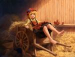  1girl :d aki_minoriko apple ascot barefoot black_skirt blonde_hair commentary food fruit full_body grapes hay highres long_sleeves open_mouth red_ascot red_eyes red_headwear satellitedragon short_hair skirt smile solo touhou wheelbarrow 