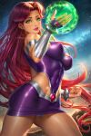  1girl armlet bracer clenched_hand colored_sclera colored_skin dc_comics dress earrings energy fingerless_gloves gloves green_eyes green_sclera highres jewelry long_hair neoartcore orange_skin panties pantyshot patreon_username pink_lips purple_dress purple_gloves red_hair sky solo star_(sky) starfire starry_sky teen_titans underwear white_panties 