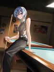  1girl bar_(place) bare_shoulders belt billiards black_belt black_pants blue_hair breasts closed_mouth cloud_etoile commentary cue_stick dutch_angle earrings eyewear_on_head grey_shirt hair_between_eyes hand_on_table head_tilt highres holding_cue_stick hololive hoshimachi_suisei indoors jewelry looking_at_viewer medium_breasts pants pool_table poster_(object) sakura_miko shirt short_hair sitting sitting_on_table solo star_(symbol) star_in_eye swept_bangs symbol-only_commentary symbol_in_eye table virtual_youtuber 