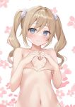  1girl barbara_(genshin_impact) blue_eyes blush breasts closed_mouth collarbone completely_nude drill_hair genshin_impact hair_between_eyes heart heart_hands highres light_brown_hair long_hair navel nude rococo sidelocks small_breasts solo swept_bangs twin_drills twintails upper_body 