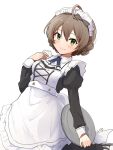  1girl absurdres ahoge apron black_dress black_ribbon blush bow braid breasts brown_hair closed_mouth cowboy_shot cross_tie dot_nose dress frilled_apron frills green_eyes hair_between_eyes hair_bow hair_ribbon hand_up highres holding holding_tray idolmaster idolmaster_million_live! idolmaster_million_live!_theater_days large_breasts light_brown_hair long_sleeves looking_at_viewer maid maid_apron maid_headdress nnnn puffy_long_sleeves puffy_sleeves ribbon sakuramori_kaori short_hair signature simple_background smile solo standing tray white_apron white_background 