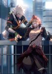  2boys :t abs absurdres against_railing baggy_pants bakugou_katsuki balcony belt between_legs black_footwear black_mask black_pants black_sash black_sleeves blonde_hair blue_sky blurry blurry_background blush boku_no_hero_academia boots building center_opening chromatic_aberration city collarbone colored_shoe_soles combat_boots day detached_sleeves diffraction_spikes elbow_rest explosive eye_mask feet_out_of_frame film_grain finger_on_forehead fingernails gloves green_gloves grenade grin hair_between_eyes hand_between_legs hands_up happy headgear high_collar highres kirishima_eijirou knee_pads light looking_at_another male_focus mask mask_around_neck multiple_boys navel no-kan no_shirt on_railing one_eye_closed orange_gloves pants pectoral_cleavage pectorals pout railing red_belt red_eyes red_hair sanpaku sash scar scar_across_eye scar_on_face sharp_teeth short_eyebrows short_hair shoulder_pads signature single_horizontal_stripe sky smile sparkle spiked_hair squatting standing sunlight teeth toned toned_male two-tone_gloves v-shaped_eyebrows waist_cape wet wrist_guards x 