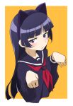  animal_ears black_hair black_serafuku blue_eyes blush cat_ears from_side gokou_ruri hime_cut looking_at_viewer mole mole_under_eye ore_no_imouto_ga_konna_ni_kawaii_wake_ga_nai paw_pose school_uniform serafuku tsukiguma upper_body yellow_background 