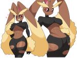  &lt;3 abs absurd_res anthro big_ears biped black_sclera breasts cleavage clothed clothing female hi_res idolomantises looking_at_viewer mega_evolution mega_lopunny muscular nintendo nipple_outline pokemon pokemon_(species) red_eyes simple_background smile solo under_boob white_background 