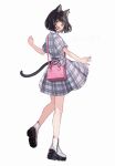  1girl :d animal_ears bag black_hair cat_ears cat_girl cat_tail dress full_body grey_dress grey_eyes handbag heterochromia looking_at_viewer multicolored_hair open_mouth original pink_bag pink_eyes pink_hair plaid plaid_dress short_sleeves shugao smile standing streaked_hair tail 