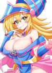  1girl bare_shoulders blonde_hair blue_dress blue_headwear blush blush_stickers breasts capelet cleavage dark_magician_girl dress duel_monster green_eyes hair_between_eyes hat highres large_breasts long_hair looking_at_viewer momotarouooi pentacle smile solo strapless strapless_dress wizard_hat yu-gi-oh! yu-gi-oh!_duel_monsters 
