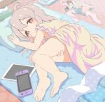  1girl absurdres ahoge ass bangs barefoot blush cafe_(owleelcafe) genderswap genderswap_(mtf) highres long_hair looking_at_viewer lying nintendo_switch on_side onii-chan_wa_oshimai! oyama_mahiro pillow shirt smile socks_removed soles tablet_pc thighs 