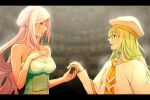  2girls alice_carroll andanden aria aria_the_crepuscolo armpit_crease athena_glory bare_shoulders blurry blurry_background breasts capelet cleavage dark-skinned_female dark_skin depth_of_field dress gold_trim green_dress green_hair grey_eyes hair_between_eyes hand_on_own_chest hand_up hands_up highres indoors large_breasts letterboxed long_hair multiple_girls necktie orange_necktie orange_planet_uniform parted_bangs pink_hair sidelocks strapless strapless_dress undine_(aria) upper_body white_capelet white_headwear 