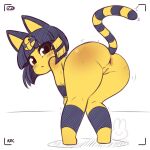  1girl :&lt; animal_crossing animal_ears ankha_(animal_crossing) anus artist_name ass ass_focus ass_shake body_fur brown_eyes bunnybits cat_ears cat_girl cat_tail colored_skin commentary egyptian english_commentary from_behind furry furry_female hair_ornament highres looking_at_viewer looking_back pussy recording simple_background snake_hair_ornament striped_tail tail uraeus viewfinder watermark white_background yellow_fur yellow_skin 