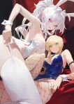  2girls animal_ears armband armpits artoria_pendragon_(fate) blonde_hair blue_leotard blush breasts character_request cleavage fake_animal_ears fate/grand_order fate/prototype fate_(series) fishnet_pantyhose fishnets garter_belt green_eyes highres leotard looking_at_viewer medium_breasts merlin_(fate/prototype) modare multiple_girls pantyhose playboy_bunny pointy_ears rabbit_ears red_eyes smile strapless strapless_leotard thighhighs white_garter_belt white_hair white_leotard white_thighhighs wrist_cuffs 