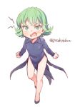  1girl bare_legs black_dress black_footwear chibi clenched_hands commentary_request dress flipped_hair full_body green_eyes green_hair jingai_modoki legs long_sleeves looking_at_viewer one-punch_man open_mouth pelvic_curtain shoes short_hair simple_background solo tatsumaki twitter_username white_background 