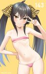  1girl bare_shoulders black_hair blush breasts collarbone hair_ribbon highres idolmaster idolmaster_cinderella_girls kanzaki_muyu long_hair looking_at_viewer matoba_risa navel ribbon small_breasts smile solo thighs twintails yellow_eyes 