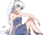  1girl ar_jart arm_on_knee artist_name bare_shoulders blue_eyes breasts closed_mouth dress frilled_dress frills hair_ornament hand_on_floor long_hair looking_at_viewer purple_dress rwby scar scar_across_eye sitting sleeveless sleeveless_dress small_breasts smile solo very_long_hair weiss_schnee white_background white_hair 