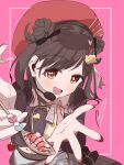  1girl artist_request beret brown_eyes brown_hair double_bun feeding hair_bun hat headset highres idolmaster idolmaster_shiny_colors long_hair looking_at_viewer microphone neck_ribbon open_mouth pink_background reaching reaching_towards_viewer red_headwear red_nails ribbon solo sonoda_chiyoko spoon swept_bangs twintails 