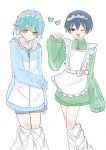  2boys apron black_eyes blue_hair blue_jacket charisma_house crossdressing fanu headphones headphones_around_neck heart highres jacket jersey_maid light_blue_hair light_purple_hair long_sleeves maid male_focus motohashi_iori multicolored_hair multiple_boys ohse_minato orange_jacket short_hair sketch unconventional_maid white_apron white_background white_headphones white_leg_warmers 