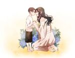  1boy 1girl affectionate alternate_universe black_hair dress eye_contact from_side holding_hands kuchel_ackerman levi_(shingeki_no_kyojin) long_hair looking_at_another maerwin21 mother_and_son off-shoulder_dress off_shoulder profile shingeki_no_kyojin short_hair simple_background smile 