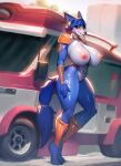  2023 anthro areola big_breasts blue_body blue_fur blue_hair breasts canid canine choker female fox fur glistening glistening_body glistening_breasts hair hi_res huge_breasts jewelry jhinbrush krystal looking_at_viewer mammal necklace nintendo nipples short_hair shoulder_guards solo star_fox thick_thighs vehicle white_body white_fur 