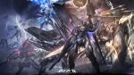  battle bow_(weapon) brunhilde_(iron_saga) copyright_name electricity fenrir_(iron_saga) flying gun hammer highres holding holding_bow_(weapon) holding_gun holding_shield holding_sword holding_weapon iron_saga jormungand_(iron_saga) mecha_request no_humans official_art shield sword thor_(iron_saga) tyrfing_(iron_saga) weapon 