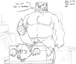  2015 anthro bdsm bear belly biceps big_belly black_and_white bondage bound canid canine canis carpenter chest_tuft dominant dominant_male duo erection eyebrows feet gairne genitals hammer hammer_in_mouth imminent_anal imminent_anal_penetration imminent_sex male male/male mammal manly monochrome musclegut muscular navel nipples nude open_mouth pecs penis questionable_consent raised_eyebrow restraints skaifox slightly_chubby speech_bubble standing stocks tail tail_grab tools triceps tuft wolf worried 