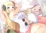  1girl :d absurdres ahoge animal_ears bare_arms bare_shoulders blonde_hair blush breasts camisole commentary_request eat_some_cookie frilled_camisole frills hair_down highres hololive horns impossible_camisole impossible_clothes large_breasts long_hair looking_at_viewer loungewear lying official_alternate_costume on_side open_mouth pink_shorts purple_eyes sheep_ears sheep_girl sheep_horns shorts sleepwear smile solo tsunomaki_watame tsunomaki_watame_(5th_costume) very_long_hair virtual_youtuber waking_up watamate white_camisole 