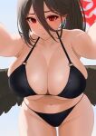  1girl absurdres bare_arms bare_legs bare_shoulders bikini black_bikini black_hair black_wings blue_archive breasts cleavage closed_mouth cowboy_shot halo hasumi_(blue_archive) highres large_breasts long_hair low_wings mole mole_under_eye ni_tamago_sando ponytail red_eyes red_halo solo swimsuit wings 
