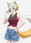  1girl animal_ear_fluff bare_arms bare_shoulders black_eyes blue-framed_eyewear bracelet character_request commentary_request cowboy_shot denim denim_shorts earrings extra_ears glasses grey_background hand_on_own_hip highres holding_eyeball jewelry kemono_friends looking_at_viewer midriff multicolored_hair navel orange_hair short_hair shorts simple_background smile solo tail tanabe_(fueisei) two-tone_hair white_hair 