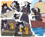  2023 anthro boat chibi clothed clothing coin coin_flip gold_(metal) male map mayo-san melee_weapon multiple_poses pose sailing_boat sailing_watercraft sergal solo standing sword vehicle water watercraft weapon 