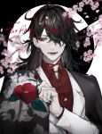  1boy absurdres black_hair black_nails cherry_blossoms colored_skin dress_shirt floral_print hair_over_one_eye highres jacket kimono_on_shoulders long_hair male_focus multicolored_hair nijisanji nijisanji_en oki_charcoal open_mouth red_eyeliner red_hair red_shirt shirt solo virtual_youtuber vox_akuma white_jacket white_skin yellow_eyes 