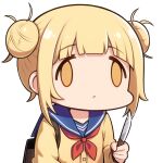  1girl :o ai-assisted bag blue_sailor_collar blunt_bangs boku_no_hero_academia cardigan cardigan_vest chibi double_bun face_of_the_people_who_sank_all_their_money_into_the_fx_(meme) hair_bun holding holding_knife holding_weapon knife meme merrytail messy_hair neckerchief red_neckerchief sailor_collar shoulder_bag simple_background solo toga_himiko upper_body variant_set weapon white_background yellow_cardigan yellow_eyes 