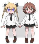  2girls ahoge black_necktie black_ribbon black_skirt black_socks blonde_hair blue_eyes blush border brown_eyes brown_hair buttergirl_02 collared_shirt commentary_request full_body grey_background hair_ribbon highres holding_hands kill_me_baby long_hair long_sleeves looking_at_viewer multiple_girls necktie open_mouth oribe_yasuna outside_border pigeon-toed pleated_skirt ribbon shirt short_hair side-by-side sidelocks simple_background skirt smile socks sonya_(kill_me_baby) standing sweatdrop tsurime twintails v-shaped_eyebrows white_border white_shirt white_socks 